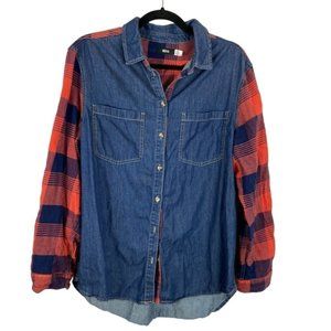 Bdg Urban Outfitters Flannel Denim Red Plaid Button Down Shirt Large